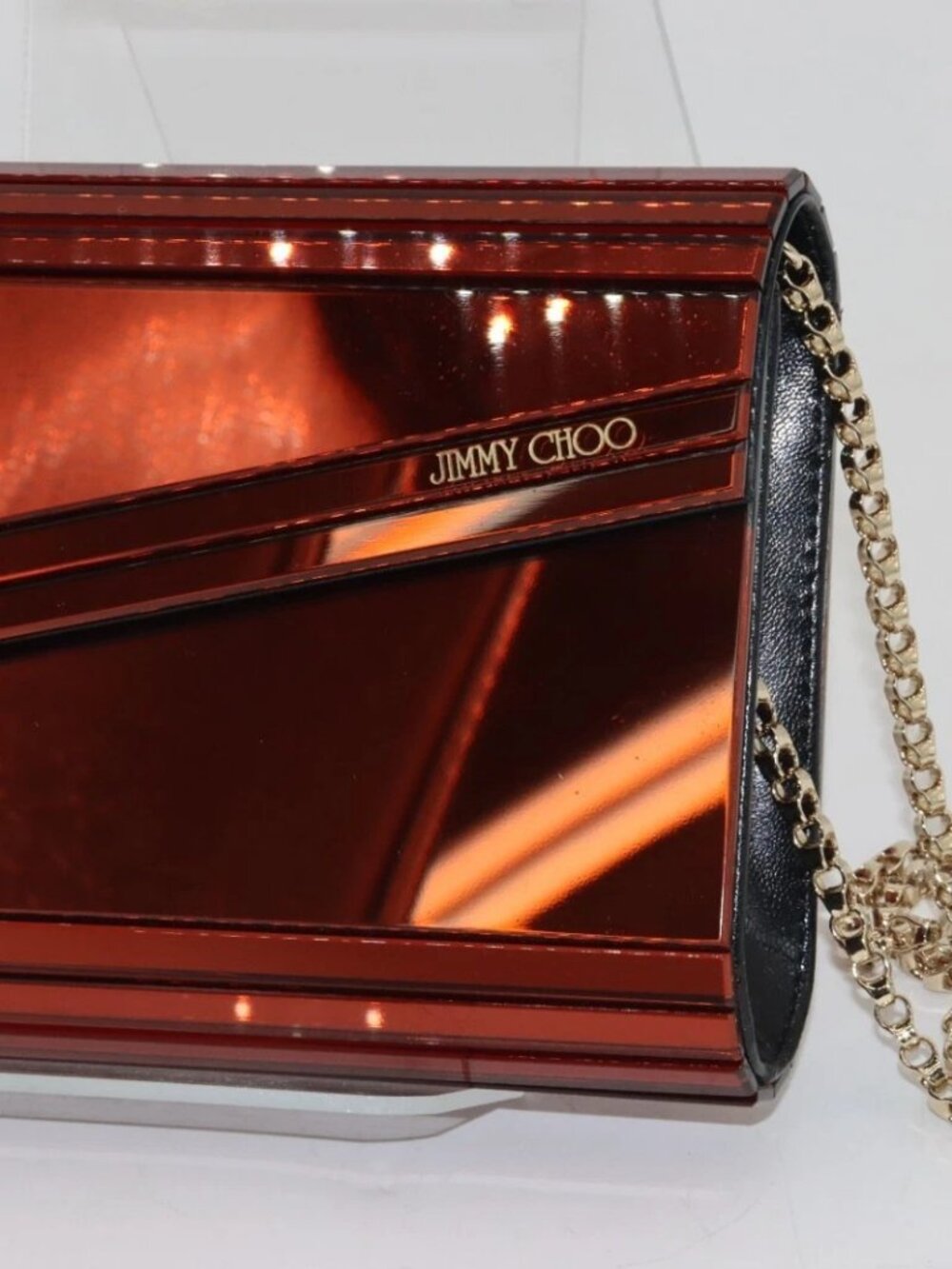 Jimmy Choo Candy Acrylic Chain Clutch 6.5" x 5.25" x 2" - Metallic Orange